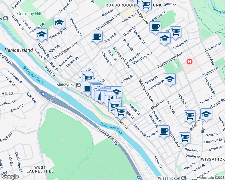 map of restaurants, bars, coffee shops, grocery stores, and more near 171 Cotton Street in Philadelphia