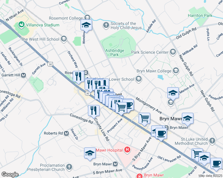 map of restaurants, bars, coffee shops, grocery stores, and more near 45 Franklin Avenue in Bryn Mawr