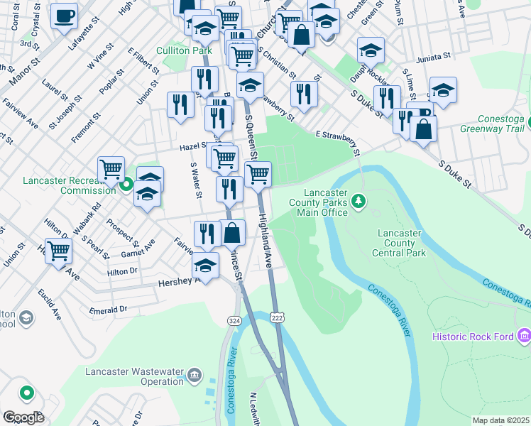 map of restaurants, bars, coffee shops, grocery stores, and more near 711 South Queen Street in Lancaster
