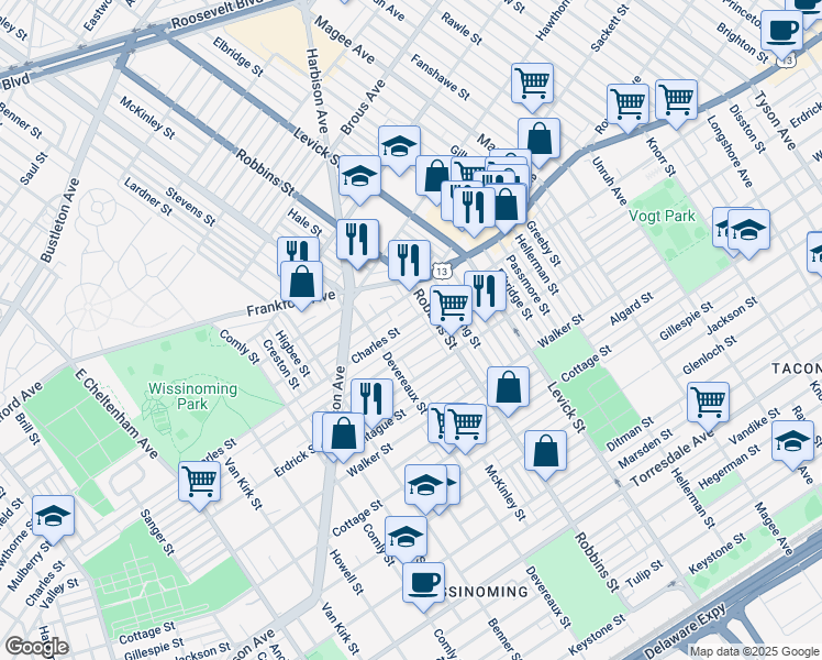 map of restaurants, bars, coffee shops, grocery stores, and more near 6243 Charles Street in Philadelphia