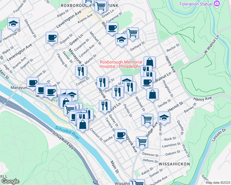 map of restaurants, bars, coffee shops, grocery stores, and more near 4130 Pechin Street in Philadelphia