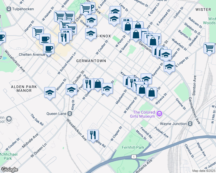 map of restaurants, bars, coffee shops, grocery stores, and more near 249 West Hansberry Street in Philadelphia