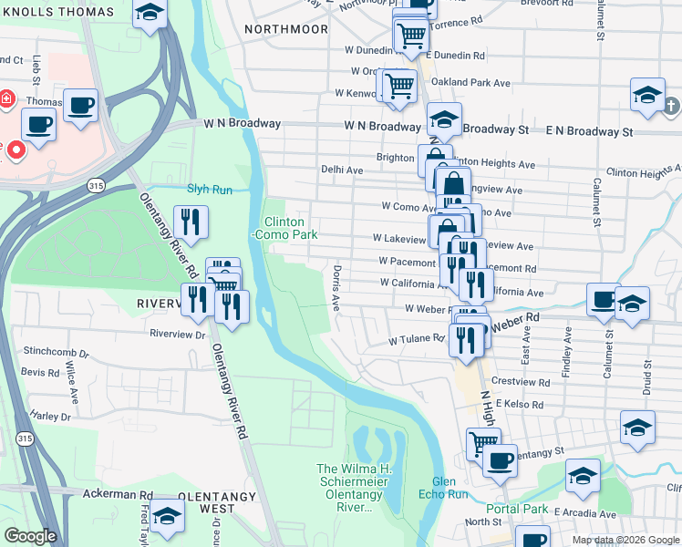 map of restaurants, bars, coffee shops, grocery stores, and more near 3182 Dorris Avenue in Columbus
