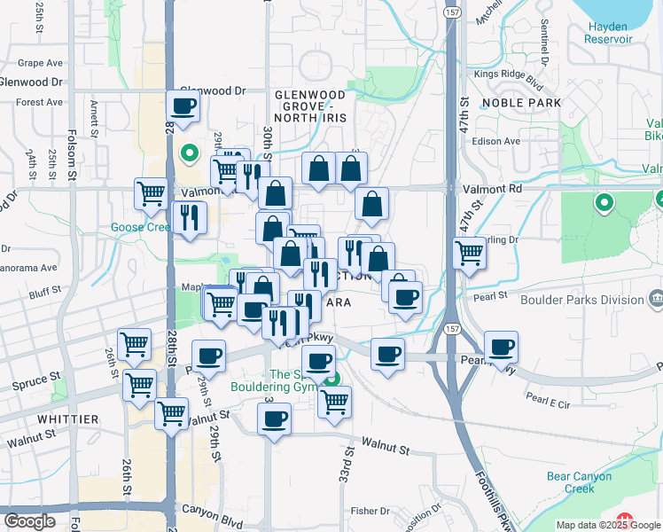 map of restaurants, bars, coffee shops, grocery stores, and more near 2490 Junction Place in Boulder