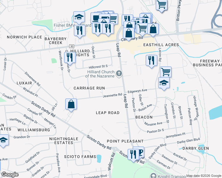 map of restaurants, bars, coffee shops, grocery stores, and more near 4688 Jeannette Road in Hilliard