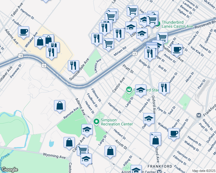 map of restaurants, bars, coffee shops, grocery stores, and more near 968 Wakeling Street in Philadelphia
