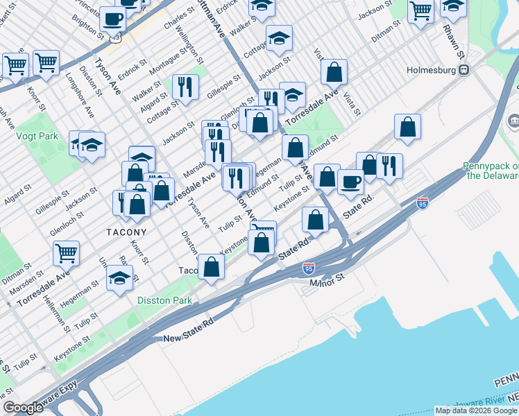 map of restaurants, bars, coffee shops, grocery stores, and more near 7115 Tulip Street in Philadelphia