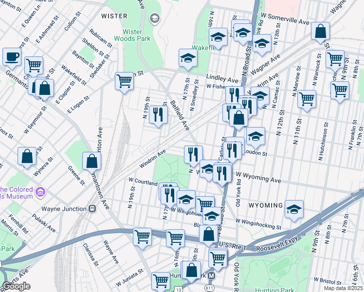 map of restaurants, bars, coffee shops, grocery stores, and more near 1635 West Mentor Street in Philadelphia
