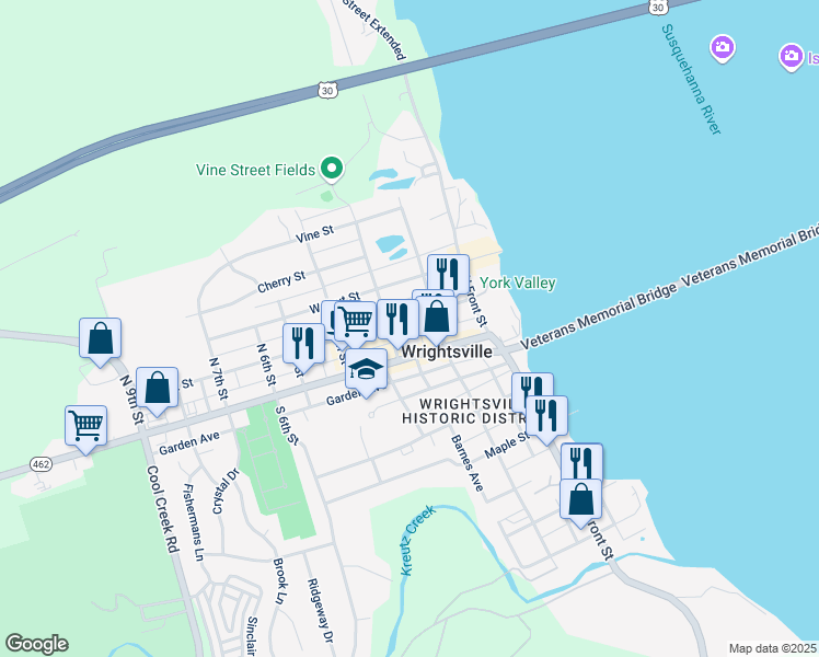 map of restaurants, bars, coffee shops, grocery stores, and more near 226 Hellam Street in Wrightsville