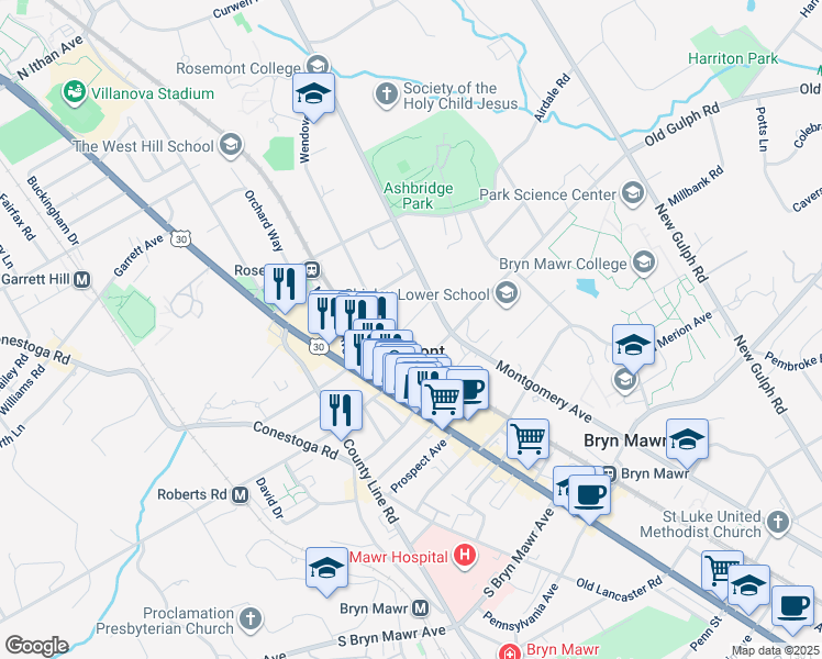 map of restaurants, bars, coffee shops, grocery stores, and more near 47 Franklin Avenue in Bryn Mawr