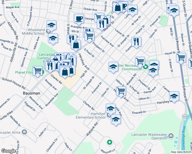 map of restaurants, bars, coffee shops, grocery stores, and more near 206 Hershey Avenue in Lancaster