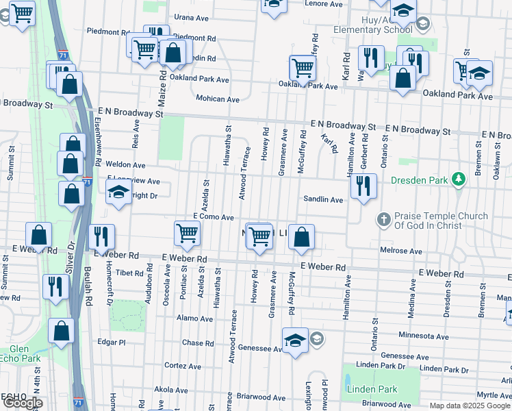 map of restaurants, bars, coffee shops, grocery stores, and more near 2975 Howey Road in Columbus