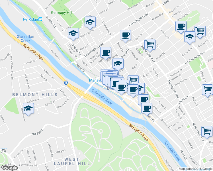 map of restaurants, bars, coffee shops, grocery stores, and more near 4421 Main Street in Philadelphia