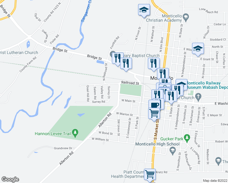 map of restaurants, bars, coffee shops, grocery stores, and more near Surrey in Monticello