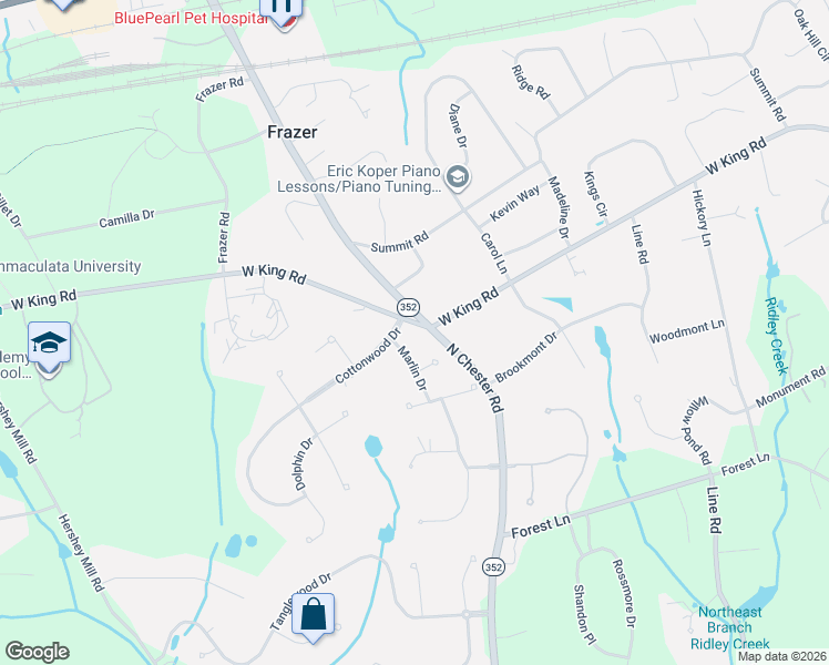 map of restaurants, bars, coffee shops, grocery stores, and more near 804 Cottonwood Drive in Malvern