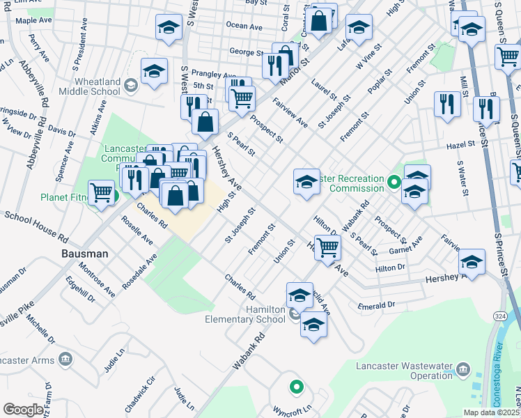 map of restaurants, bars, coffee shops, grocery stores, and more near 206 Hershey Avenue in Lancaster