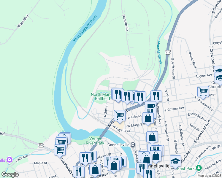 map of restaurants, bars, coffee shops, grocery stores, and more near 510 Connell Avenue in Connellsville