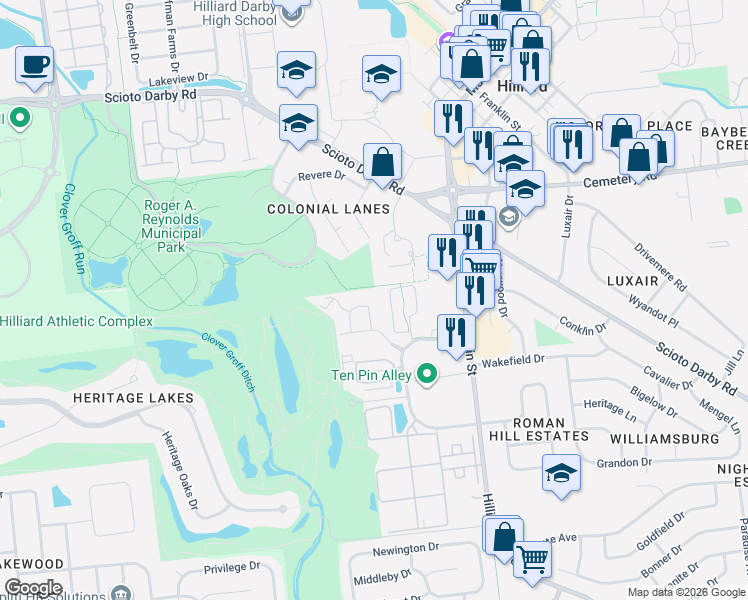 map of restaurants, bars, coffee shops, grocery stores, and more near 3656 East Links Circle in Hilliard