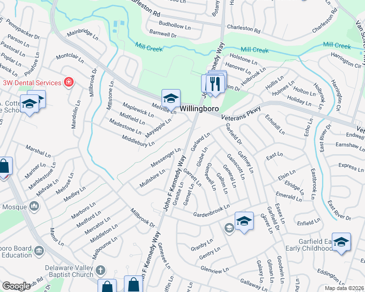 map of restaurants, bars, coffee shops, grocery stores, and more near 99 Messenger Lane in Willingboro
