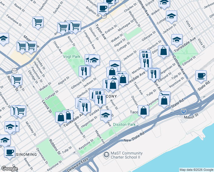 map of restaurants, bars, coffee shops, grocery stores, and more near 6806 Marsden Street in Philadelphia