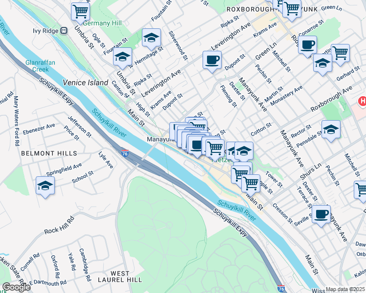 map of restaurants, bars, coffee shops, grocery stores, and more near 4415 Main Street in Philadelphia