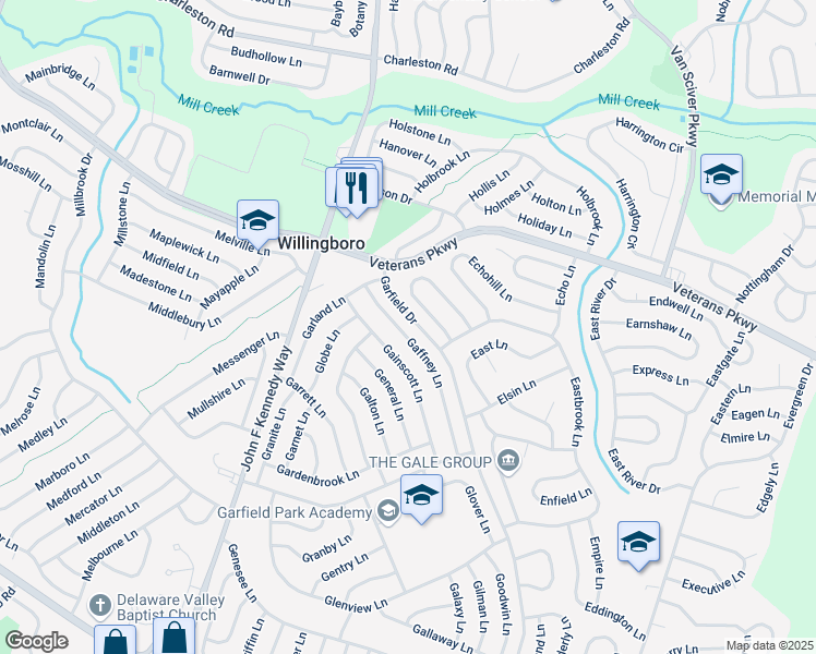 map of restaurants, bars, coffee shops, grocery stores, and more near 66 Gaffney Lane in Willingboro
