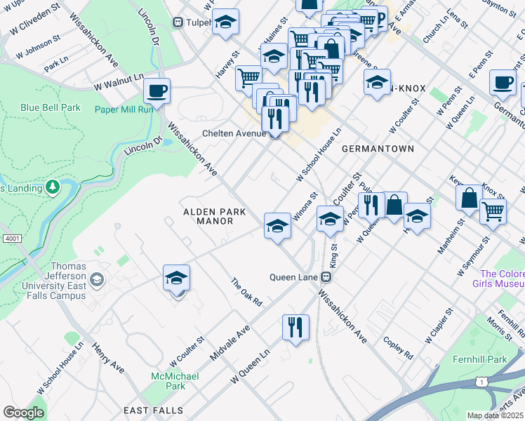 map of restaurants, bars, coffee shops, grocery stores, and more near 481 West School House Lane in Philadelphia