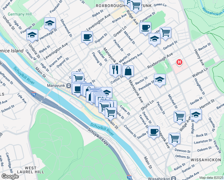 map of restaurants, bars, coffee shops, grocery stores, and more near 4257 Boone Street in Philadelphia