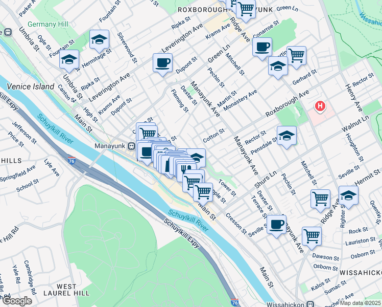 map of restaurants, bars, coffee shops, grocery stores, and more near 175 Cotton Street in Philadelphia