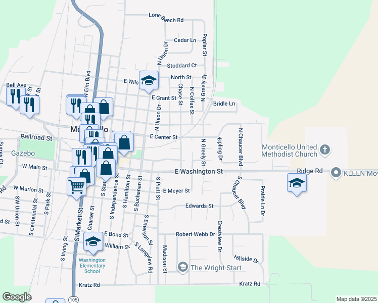 map of restaurants, bars, coffee shops, grocery stores, and more near 902 East Vine Street in Monticello