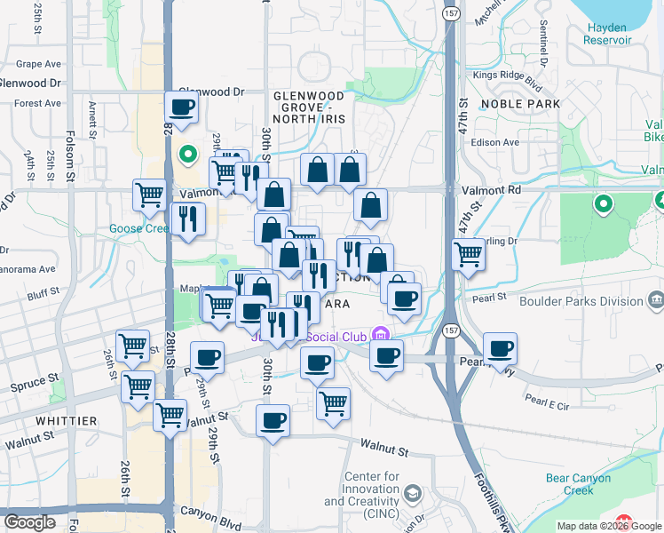 map of restaurants, bars, coffee shops, grocery stores, and more near 2490 Junction Place in Boulder