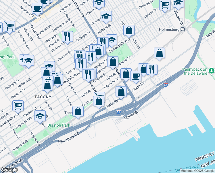 map of restaurants, bars, coffee shops, grocery stores, and more near 7143 Keystone Street in Philadelphia