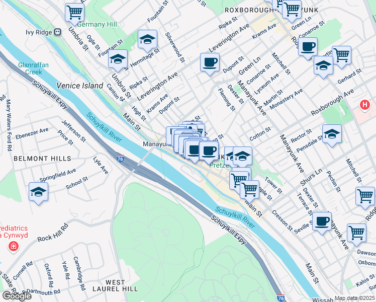 map of restaurants, bars, coffee shops, grocery stores, and more near 108 Levering Street in Philadelphia