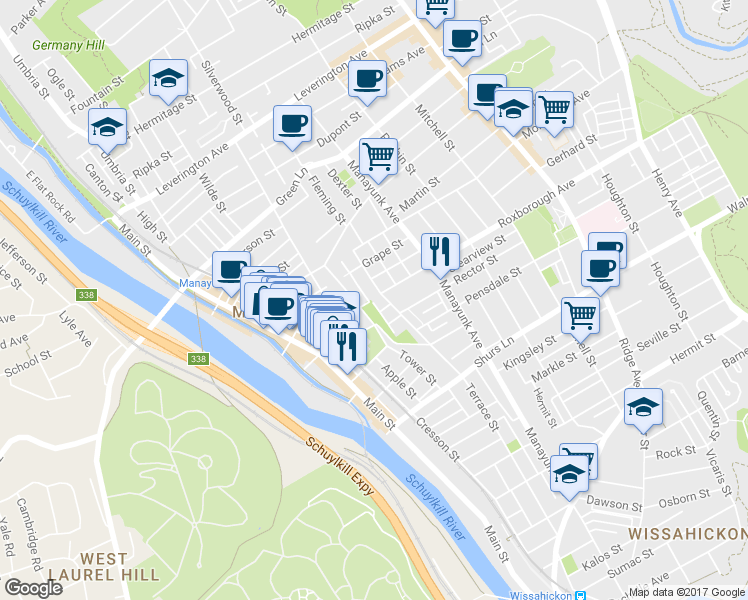 map of restaurants, bars, coffee shops, grocery stores, and more near 4257 Boone Street in Philadelphia
