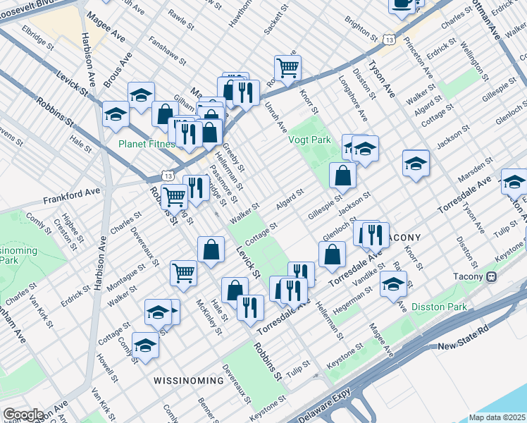 map of restaurants, bars, coffee shops, grocery stores, and more near 6506 Algard Street in Philadelphia