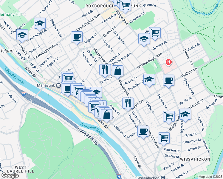 map of restaurants, bars, coffee shops, grocery stores, and more near 226 Rector Street in Philadelphia
