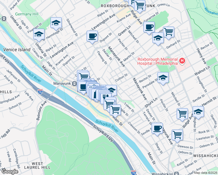 map of restaurants, bars, coffee shops, grocery stores, and more near 152 Roxborough Avenue in Philadelphia