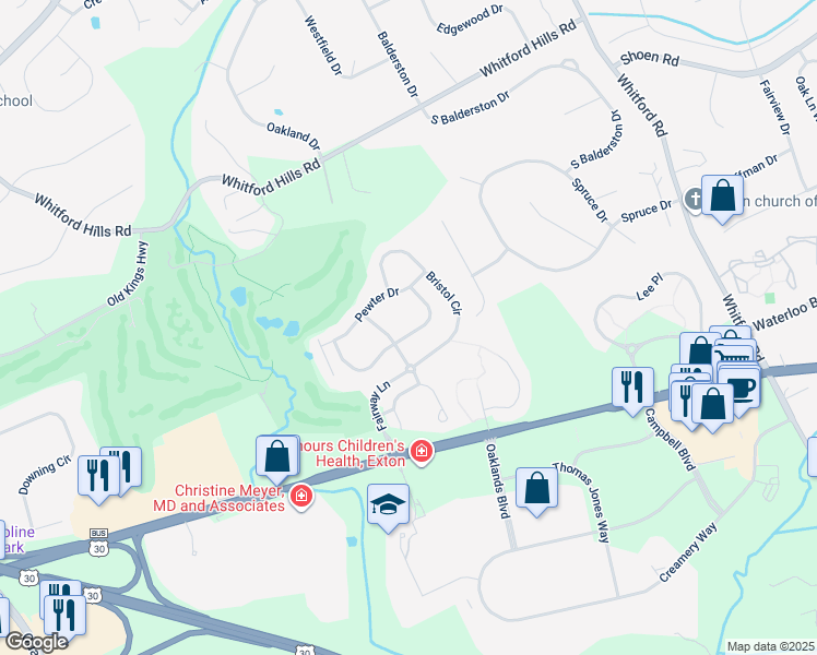 map of restaurants, bars, coffee shops, grocery stores, and more near 547 East Saxony Drive in Exton
