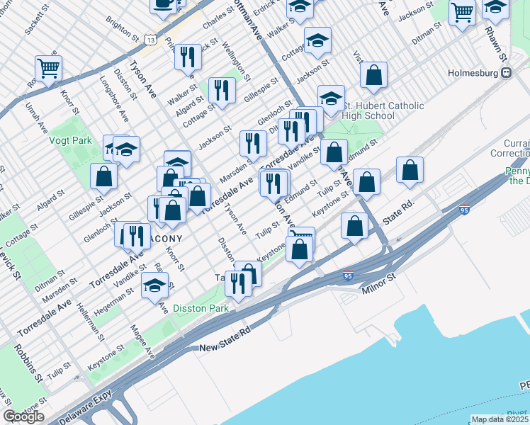 map of restaurants, bars, coffee shops, grocery stores, and more near 7064 Edmund Street in Philadelphia