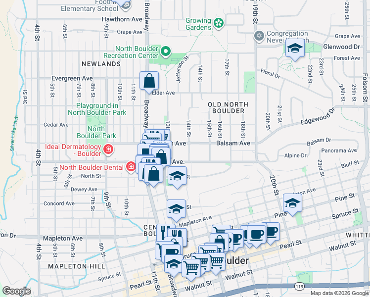 map of restaurants, bars, coffee shops, grocery stores, and more near 2743 14th Street in Boulder
