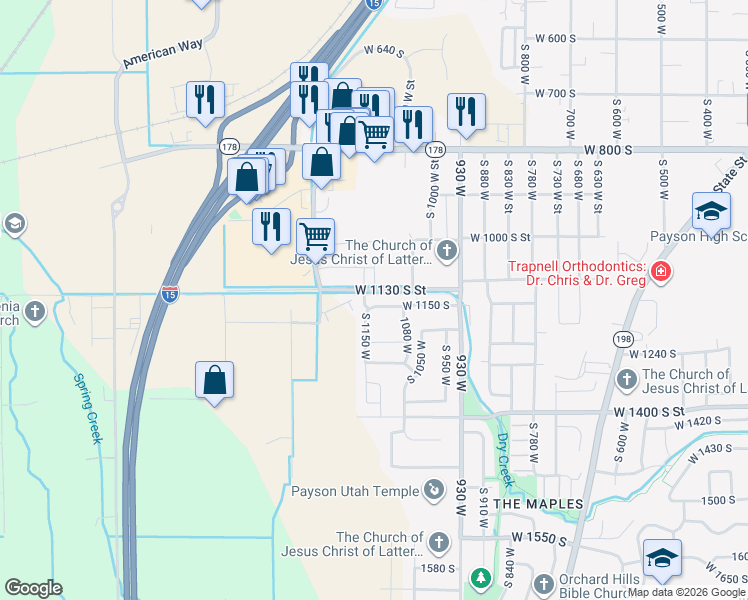 map of restaurants, bars, coffee shops, grocery stores, and more near 1117 West 1150 South in Payson