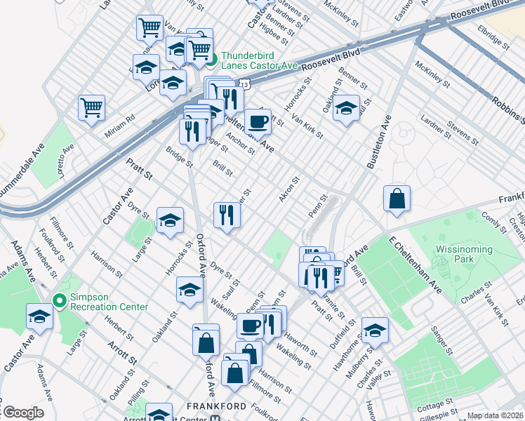 map of restaurants, bars, coffee shops, grocery stores, and more near 5260 Akron Street in Philadelphia