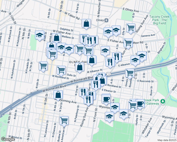 map of restaurants, bars, coffee shops, grocery stores, and more near 183 West Albanus Street in Philadelphia