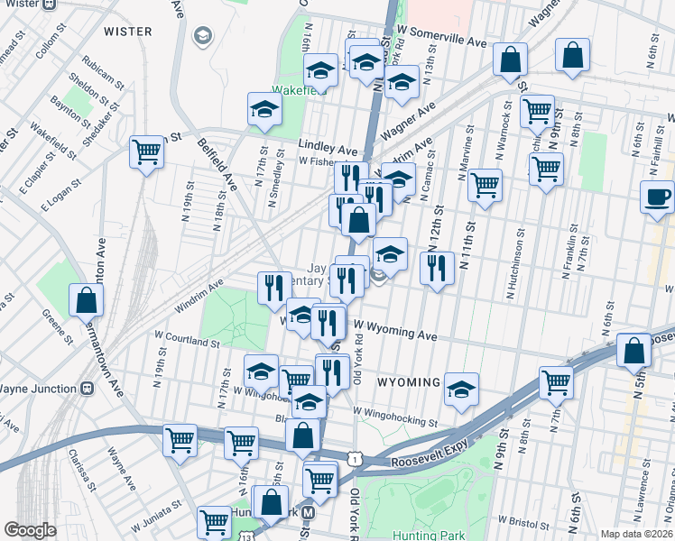 map of restaurants, bars, coffee shops, grocery stores, and more near 1430 West Loudon Street in Philadelphia