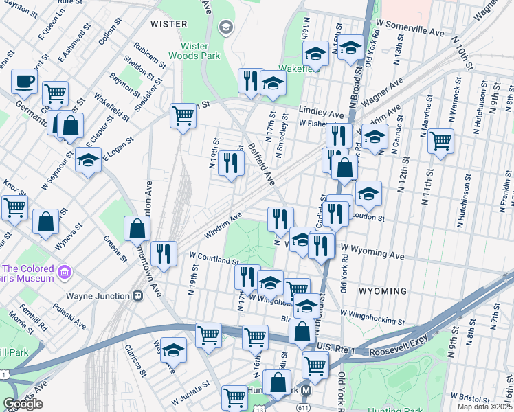 map of restaurants, bars, coffee shops, grocery stores, and more near 1653 West Mentor Street in Philadelphia