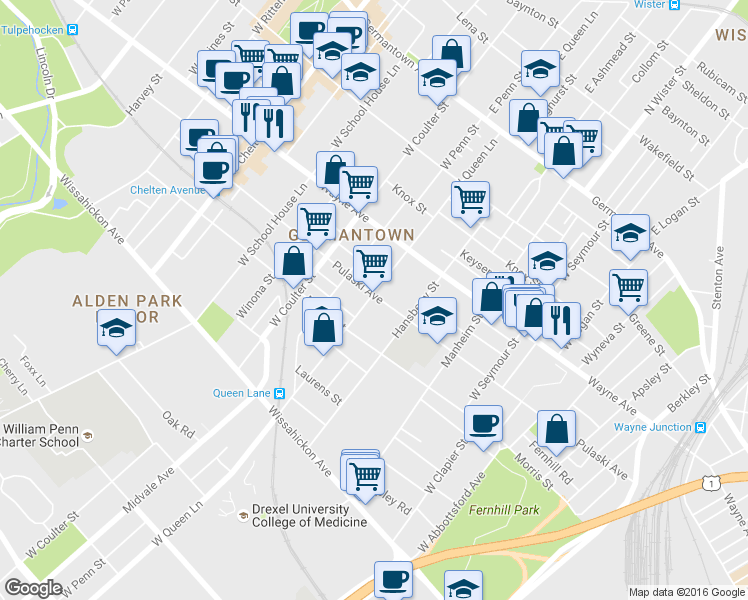 map of restaurants, bars, coffee shops, grocery stores, and more near 314 West Queen Lane in Philadelphia