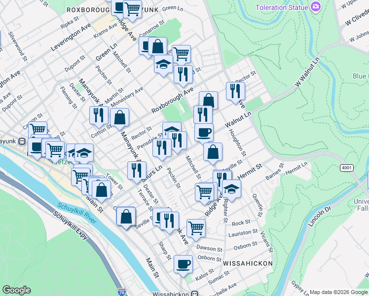 map of restaurants, bars, coffee shops, grocery stores, and more near 448 Shurs Lane in Philadelphia