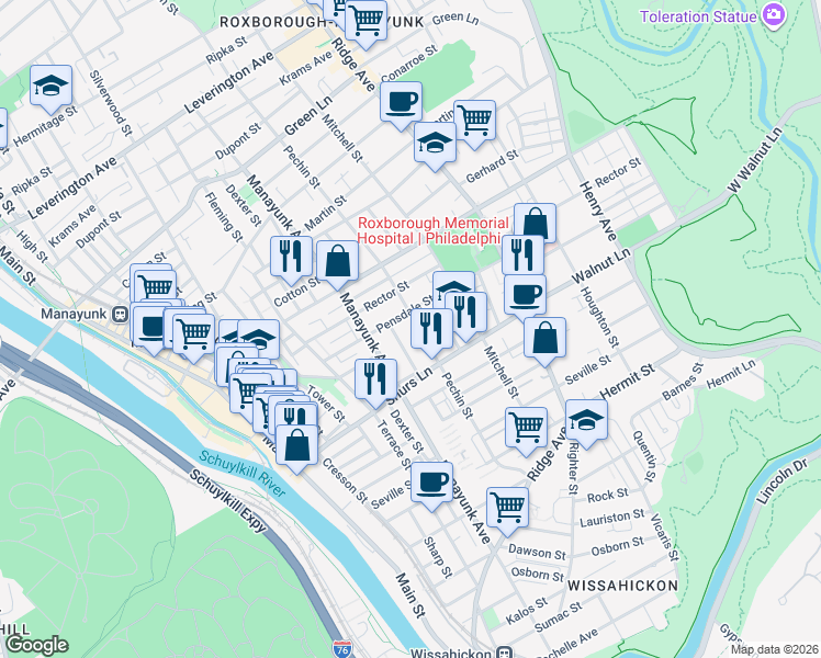 map of restaurants, bars, coffee shops, grocery stores, and more near 4124 Lauriston Street in Philadelphia