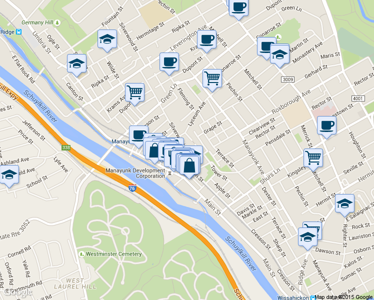 map of restaurants, bars, coffee shops, grocery stores, and more near 152 Roxborough Avenue in Philadelphia