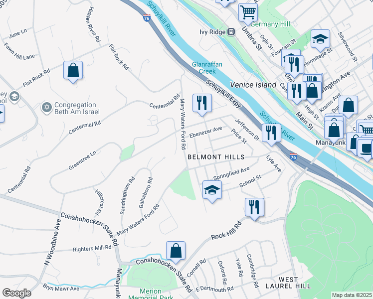 map of restaurants, bars, coffee shops, grocery stores, and more near 208 Mary Waters Ford Road in Bala Cynwyd